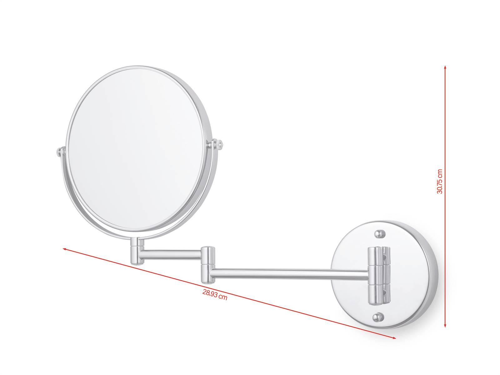Miroir de maquillage rond réglable en métal, à fixation murale, orientable sur le côté, avec des bras de 28,93 cm et une longueur totale de 30,5 cm.