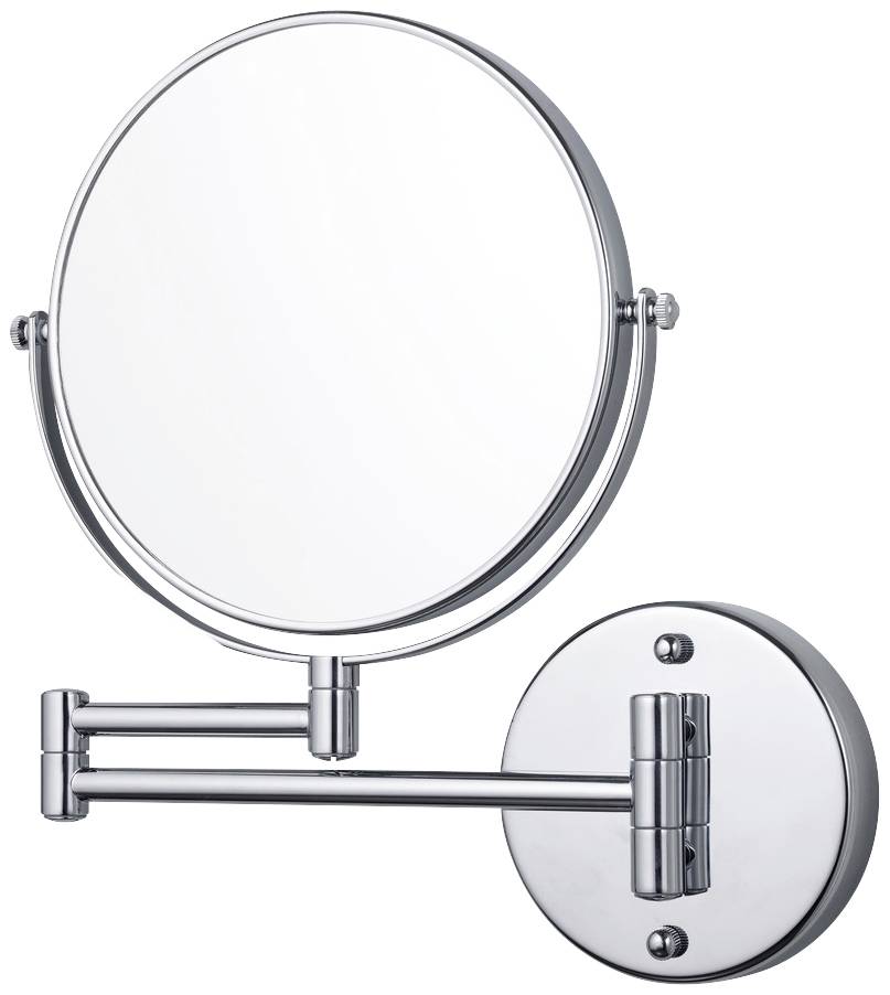 Miroir grossissant rond, fixé au mur, réglable, avec un cadre en métal brillant et un bras pivotant.