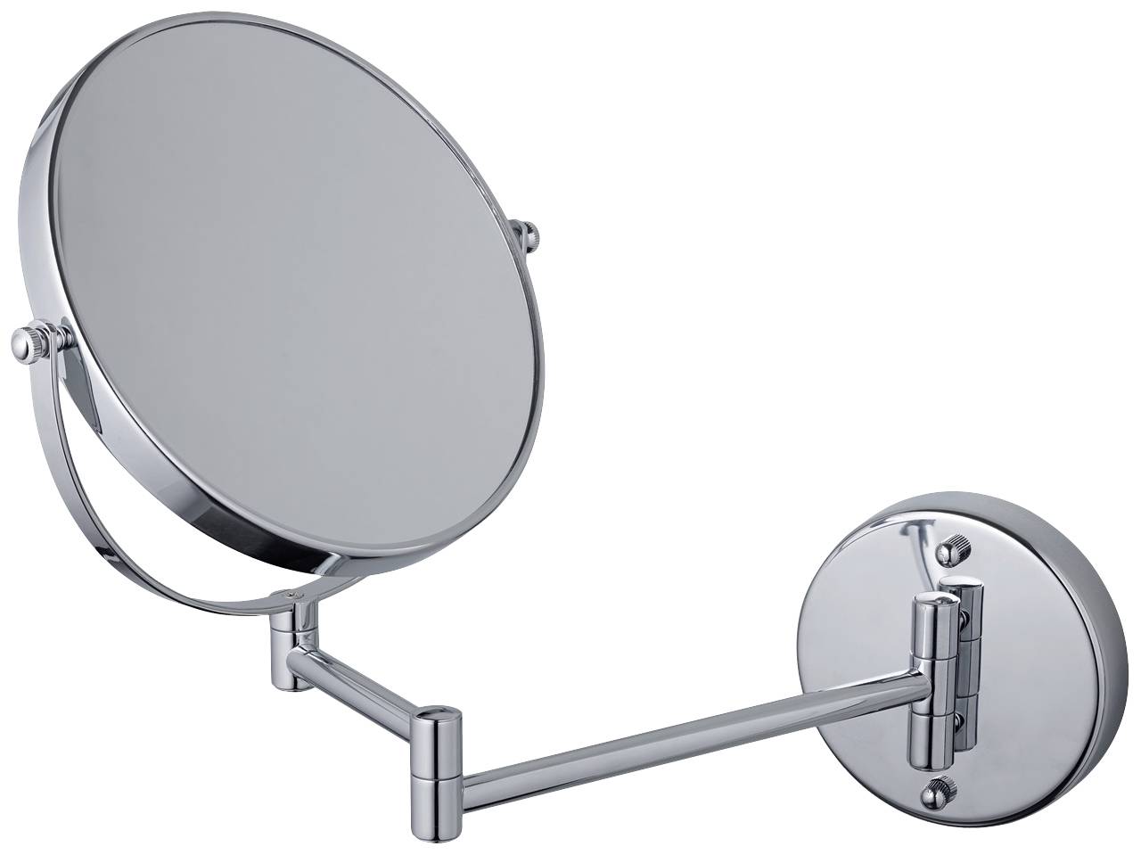 Un miroir mural rond et ajustable avec un cadre chromé et un bras articulé, adapté pour la salle de bain ou l'espace maquillage.