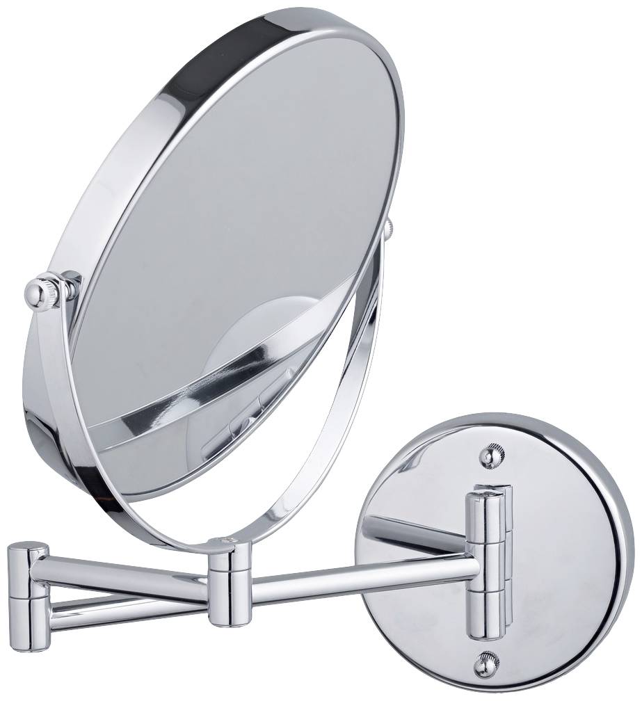 Miroir mural rond, orientable, avec cadre chromé, adapté pour une vue rapprochée. Idéal pour la salle de bain ou les soins de beauté.