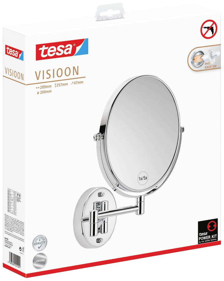 Emballage d'un miroir de maquillage lumineux et ajustable de Tesa, avec grossissement 1x/5x. Comprend des solutions de montage.