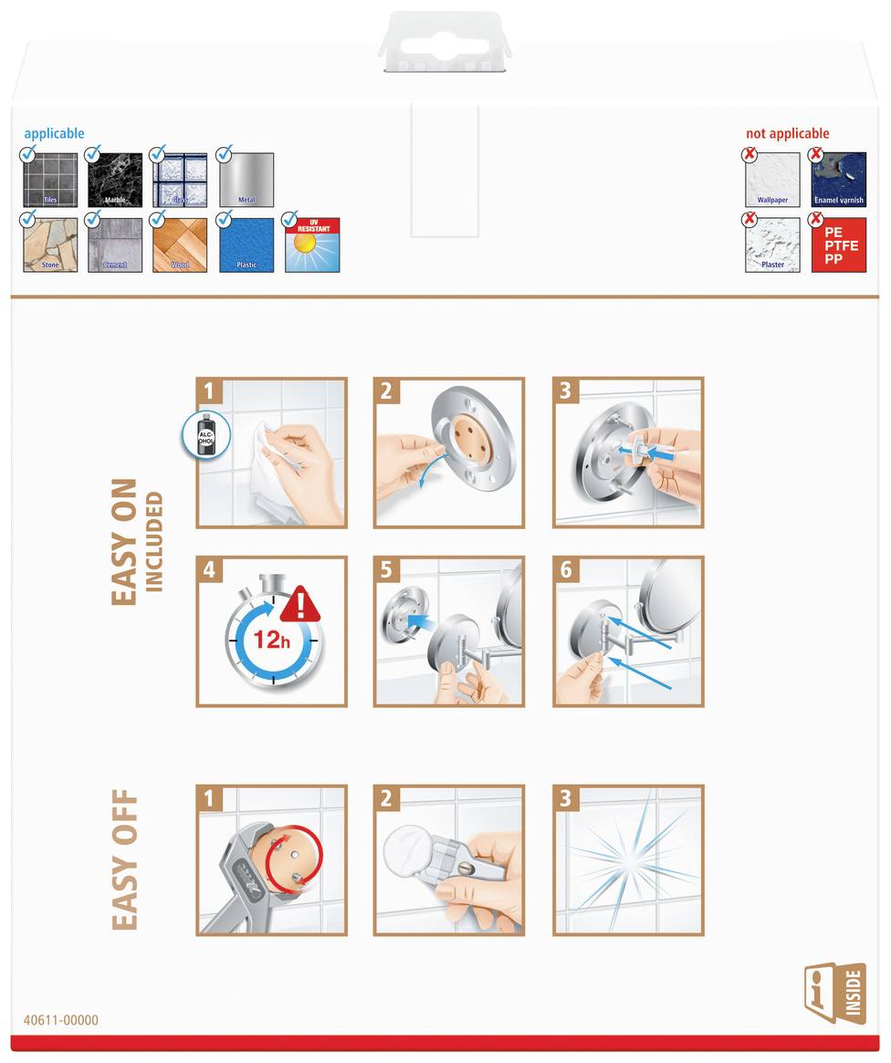 Mode d'emploi pour support à ventouse : Étapes 1-3 « Fixation simple » : nettoyer le mur, retirer le film de protection, fixer le support. Étapes 1-3 « Retrait simple » : déverrouiller, enlever le support à ventouse.