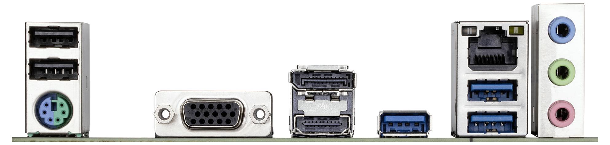 Plusieurs connexions informatiques, dont des ports USB, VGA, une connexion Ethernet et des ports audio de différentes couleurs.