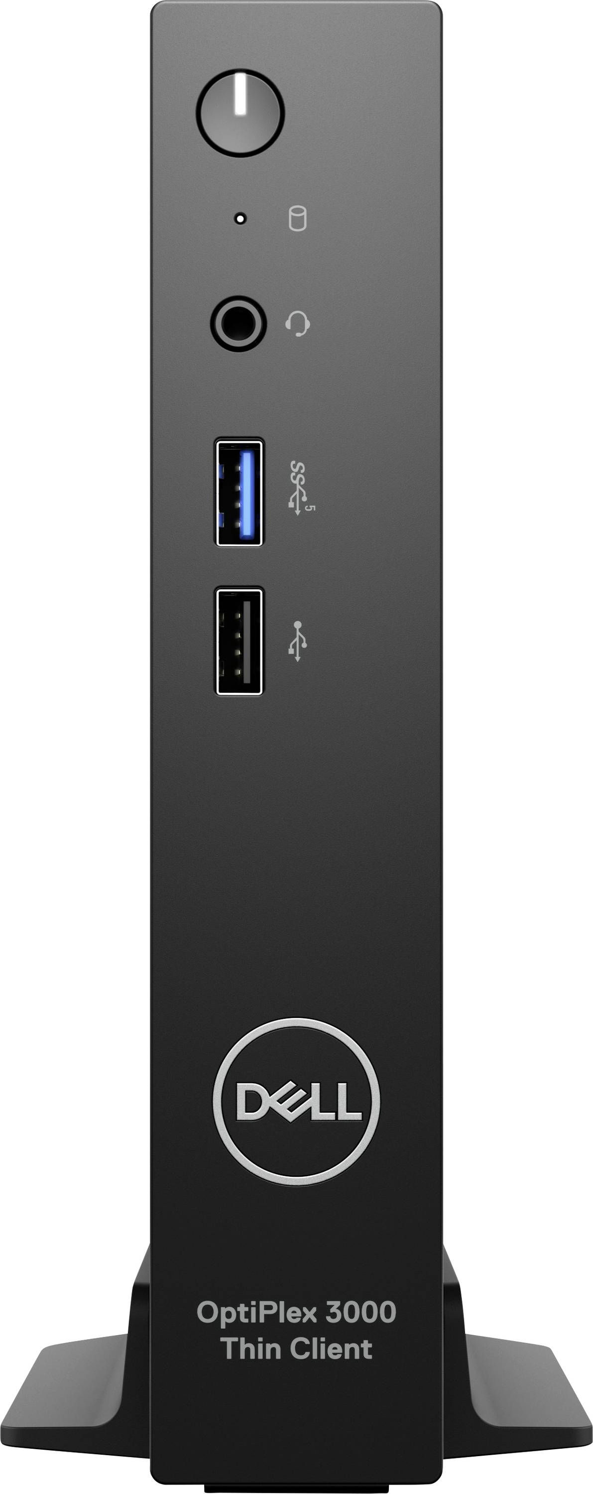 Un Dell OptiPlex 3000 Thin Client est debout. Le devant présente deux ports USB, une prise audio et l'interrupteur d'alimentation.