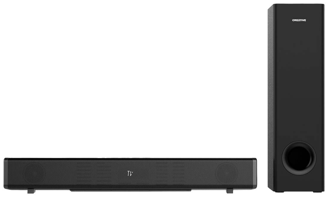 Soundbar et caisson de basses. Design noir, élancé et moderne. Configuration typique pour améliorer le son de la télévision ou de la musique.
