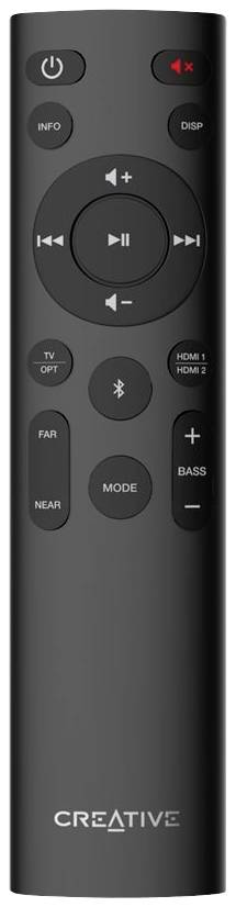 Télécommande noire avec des touches pour le volume, le Bluetooth, la lecture et la sélection d'entrée. Bouton de veille rouge en haut.