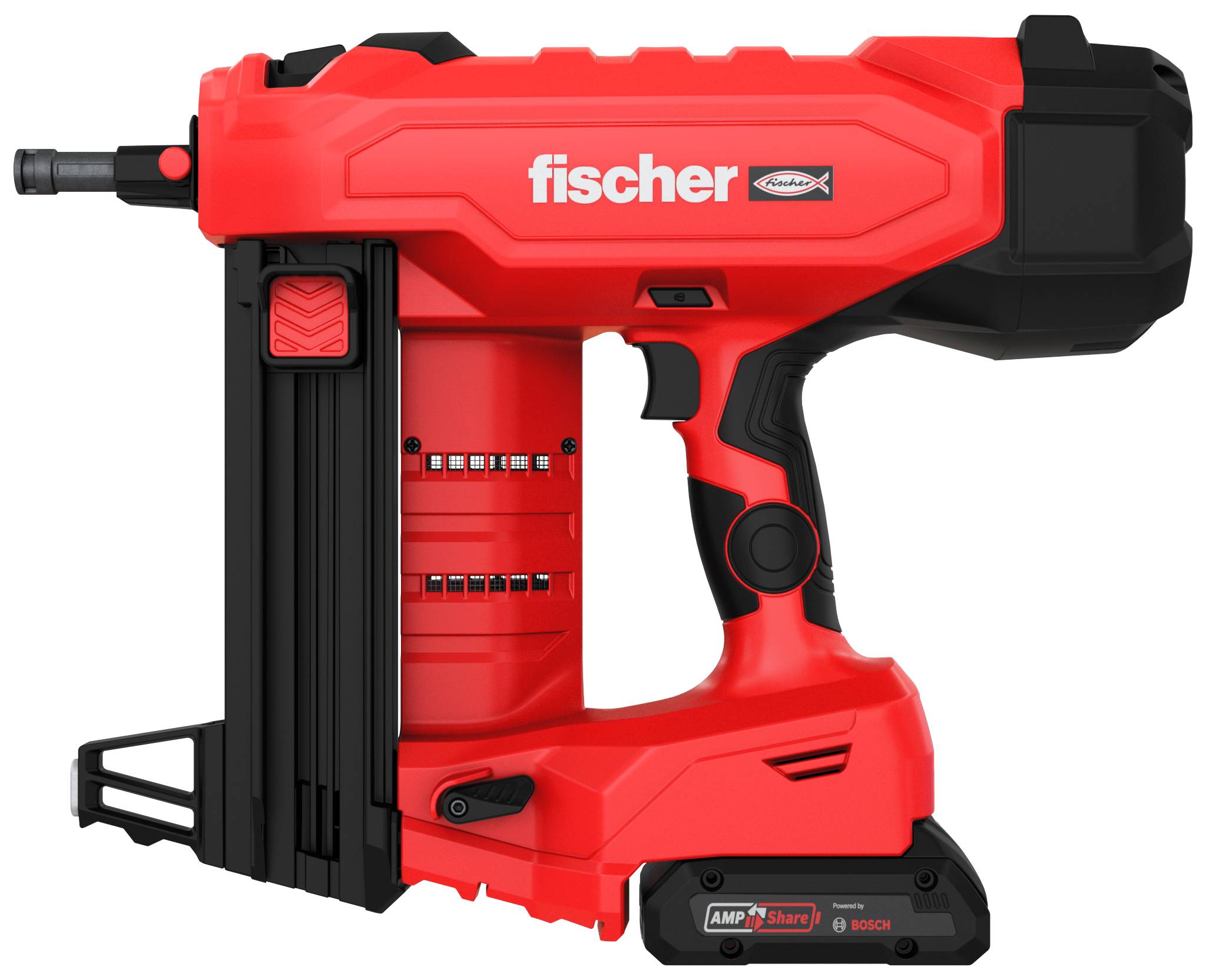 Pistolet à clous Fischer rouge et noir avec batterie et magasin latéral, présenté sur fond blanc.