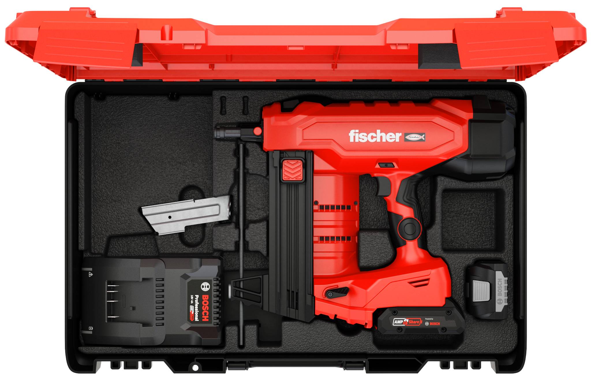 Étui rigide ouvert avec pistolet à clous sans fil rouge Fischer, batterie, chargeur et accessoires dans des compartiments en mousse moulée.