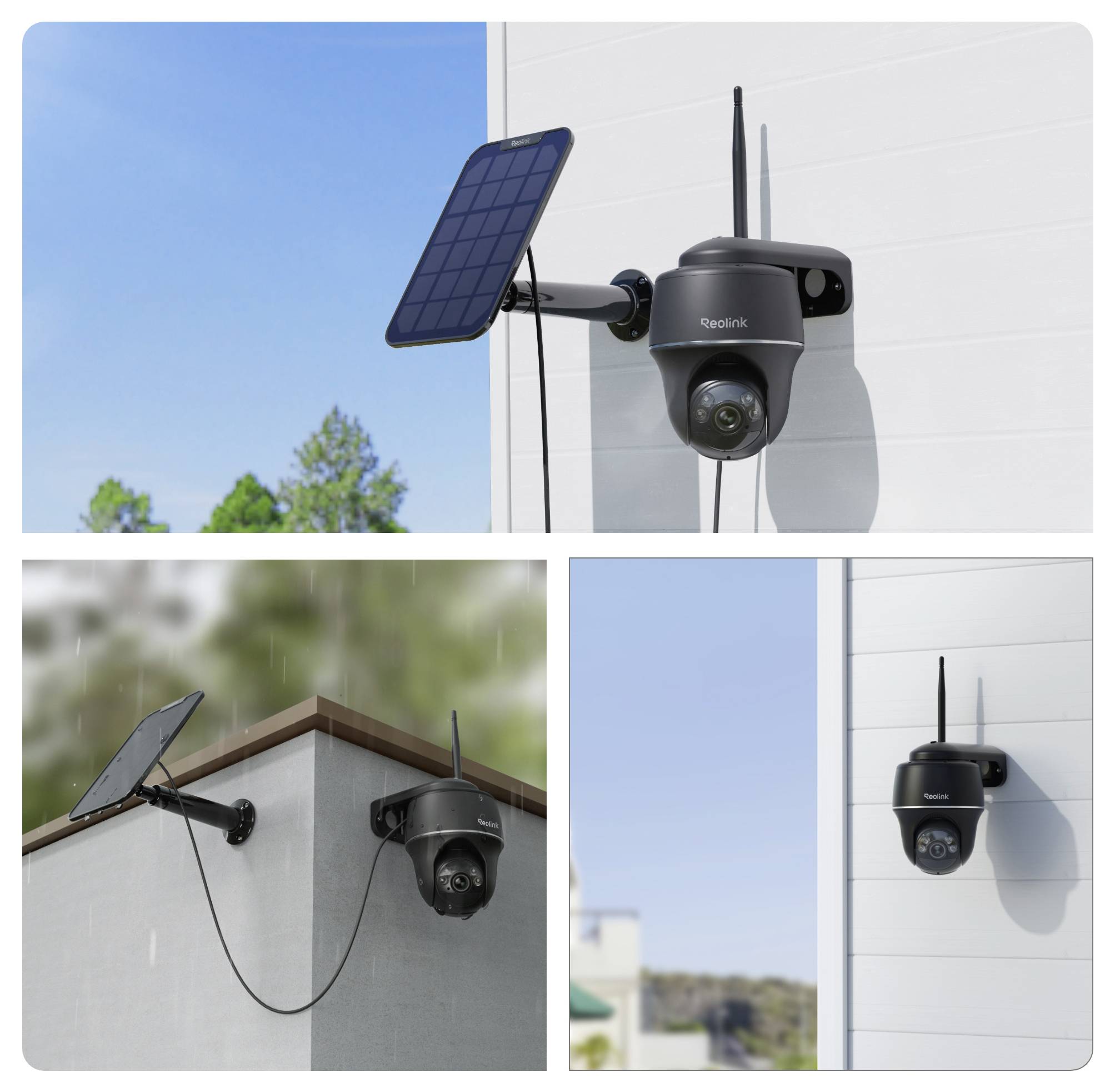 Un collage de trois images montrant des caméras de sécurité alimentées par énergie solaire installées sur différents murs extérieurs, équipées d'un panneau solaire et d'une antenne.