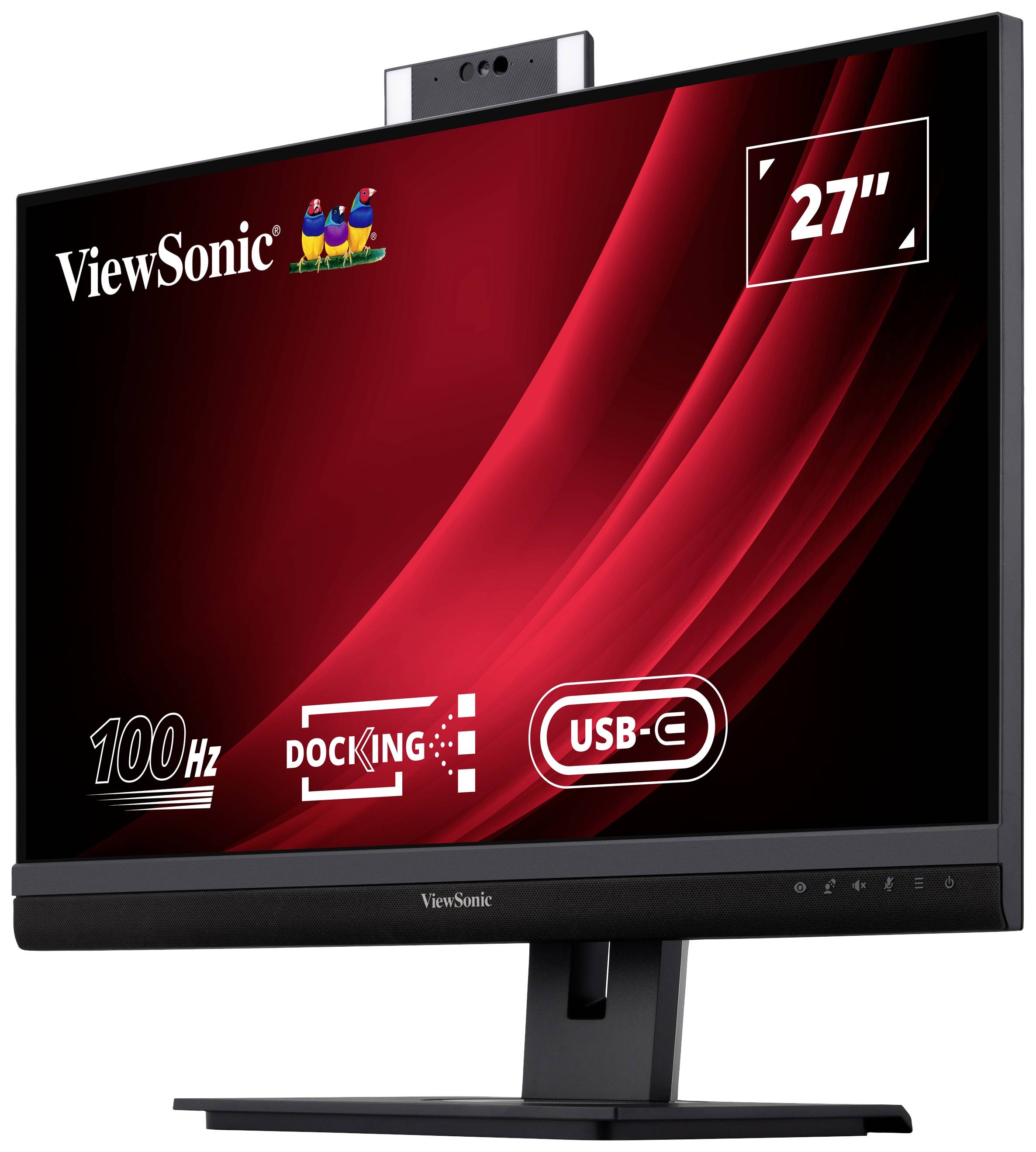 Un moniteur ViewSonic affiche les spécifications : 27 pouces, 100 Hz, fonction de dock, port USB-C. Fond rouge avec le logo de la marque.