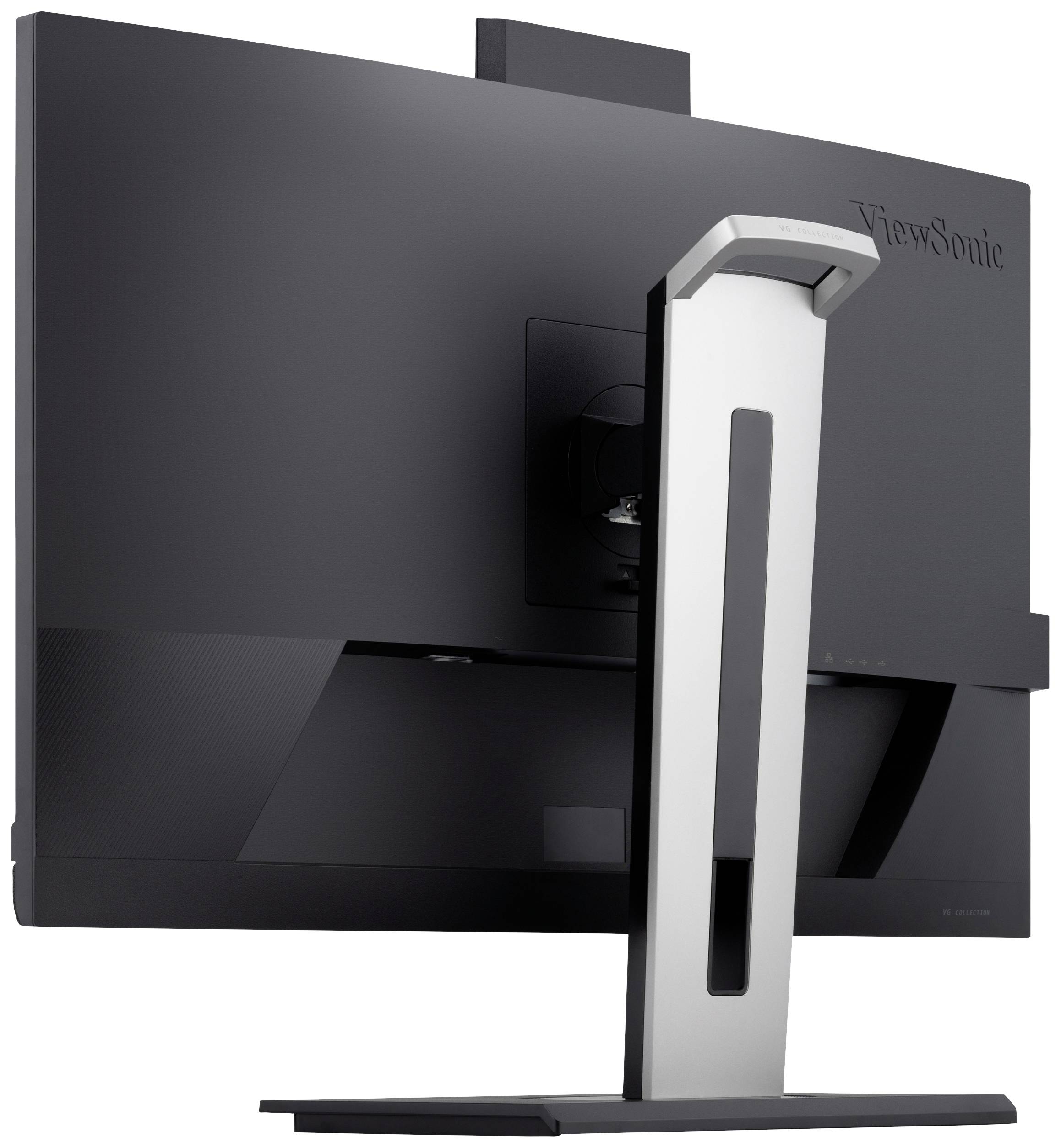 Vue arrière d'un moniteur noir avec un socle argenté. Nom de la marque visible à l'arrière. Design moderne et élégant.