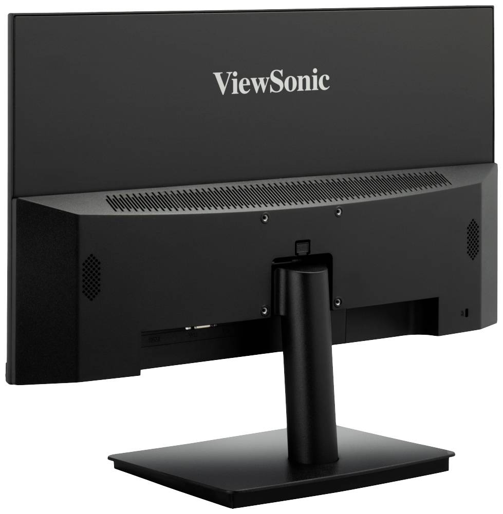 Un moniteur noir ViewSonic vu de dos, montrant le pied de support et les fentes de ventilation situées en haut de l'appareil.