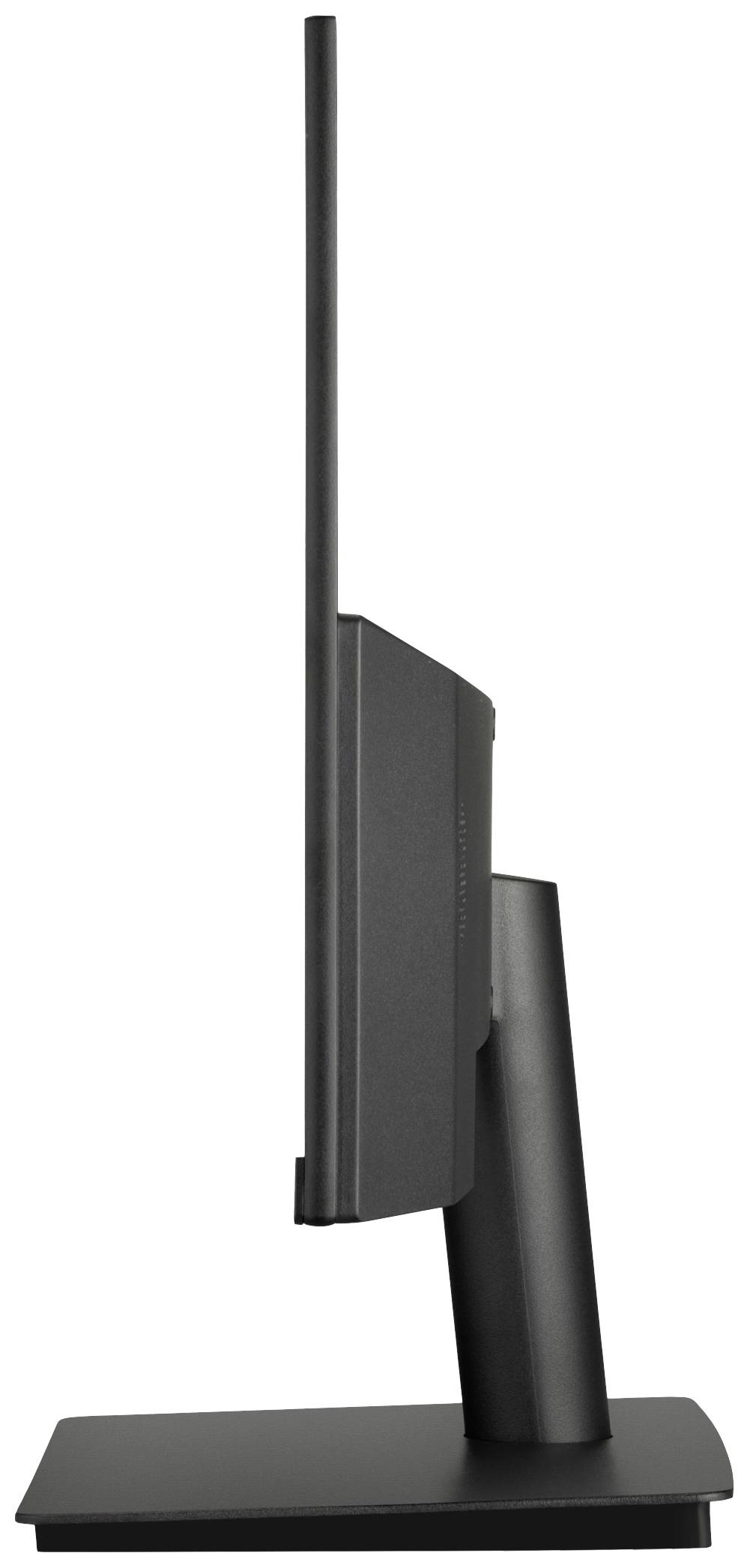 Un moniteur informatique noir vu de côté, révèle son design élégant et moderne. Le socle le supporte de manière stable.