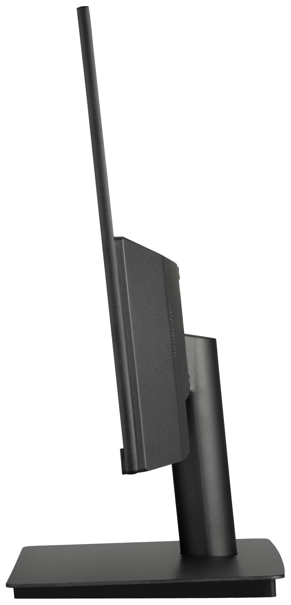 Un écran d'ordinateur noir vu de profil. L'écran est fin, doté d'un socle vertical robuste.