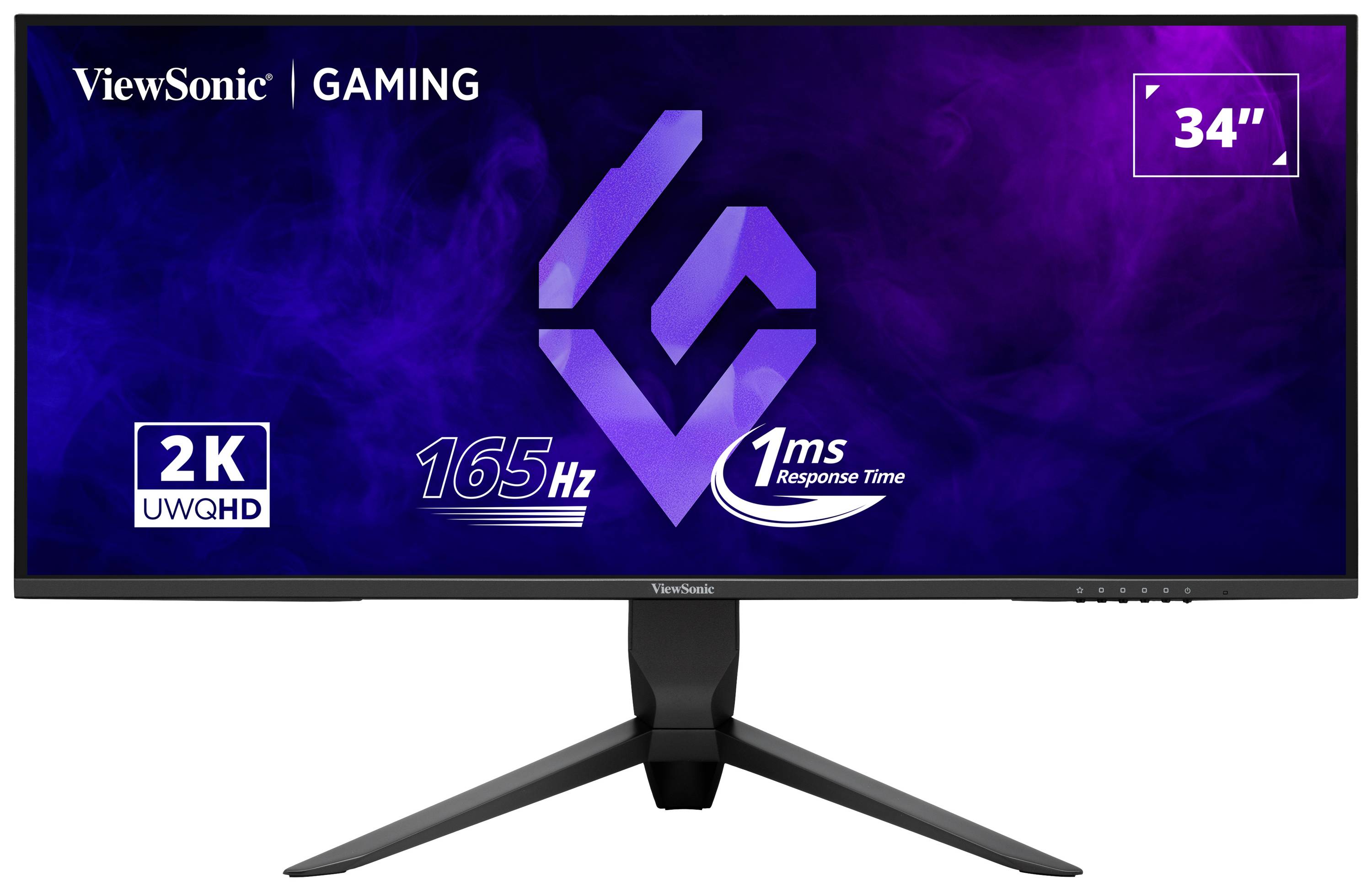 Un moniteur gaming de ViewSonic avec un écran de 34 pouces. Caractéristiques : résolution 2K UWQHD, 165 Hz et temps de réponse de 1 ms.