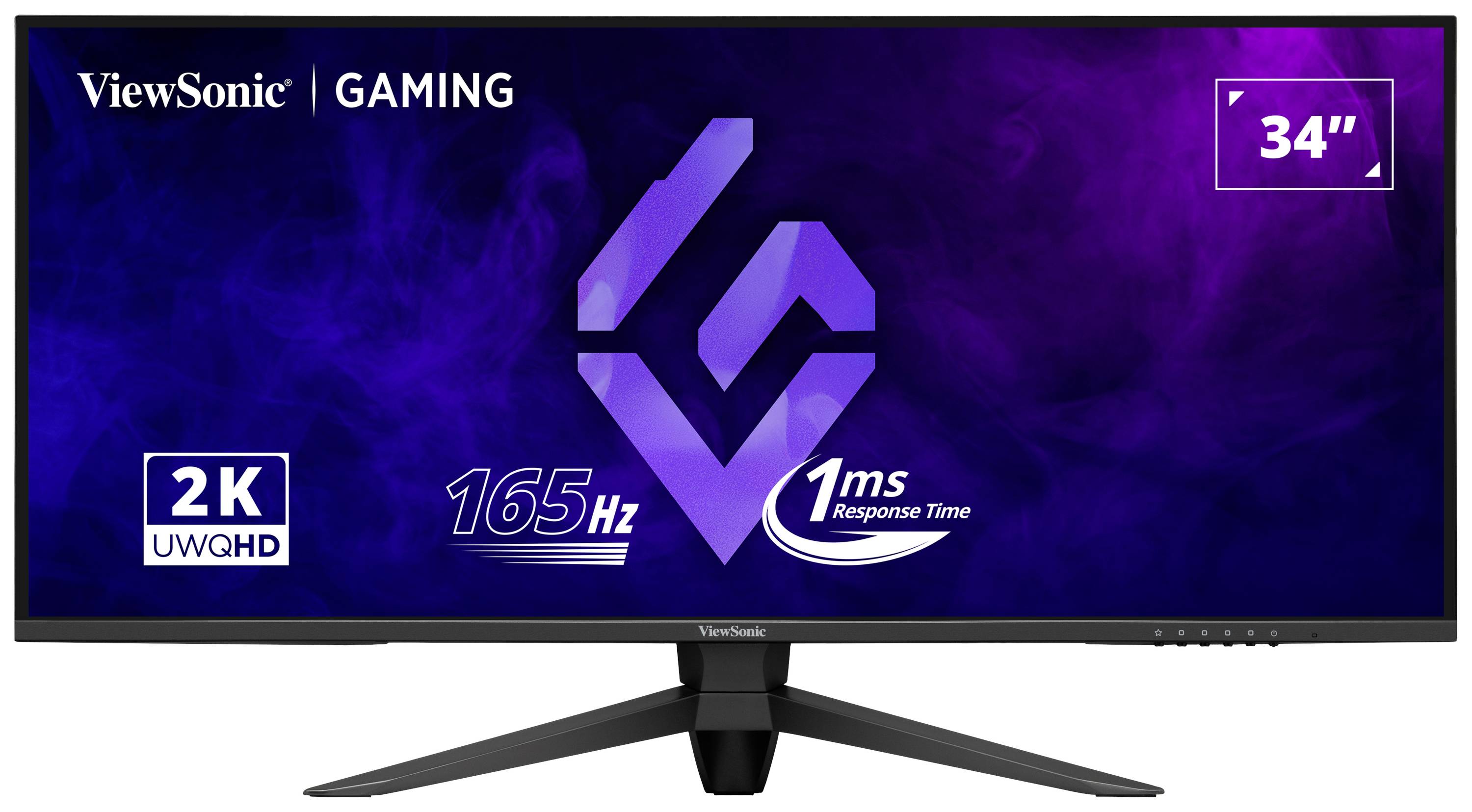Moniteur de jeu large de ViewSonic avec une diagonale d'écran de 34 pouces. Offre une résolution 2K UWQHD, 165 Hz et un temps de réponse de 1 ms.