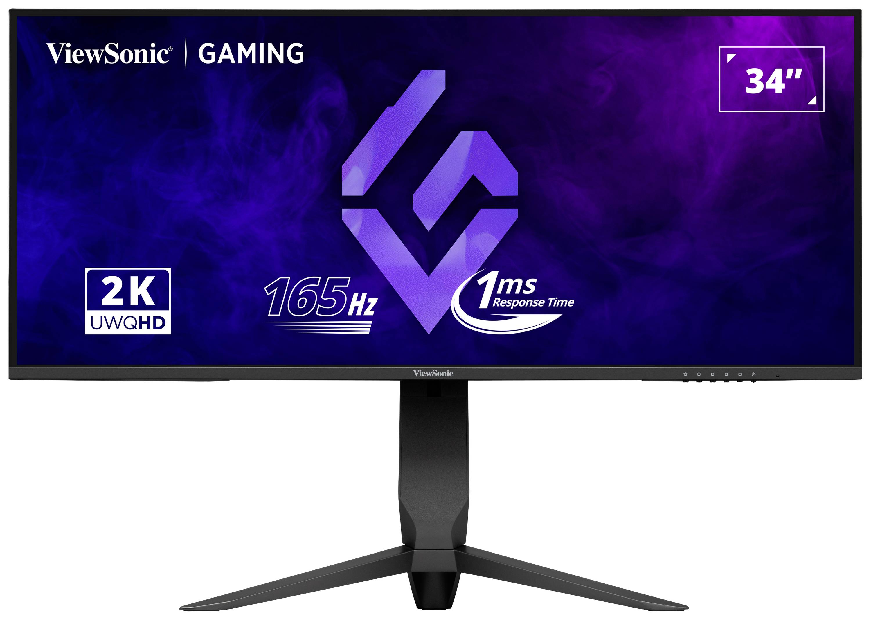 Moniteur de jeu large ViewSonic de 34 pouces, résolution 2K, taux de rafraîchissement de 165 Hz, temps de réponse de 1 ms, en noir.