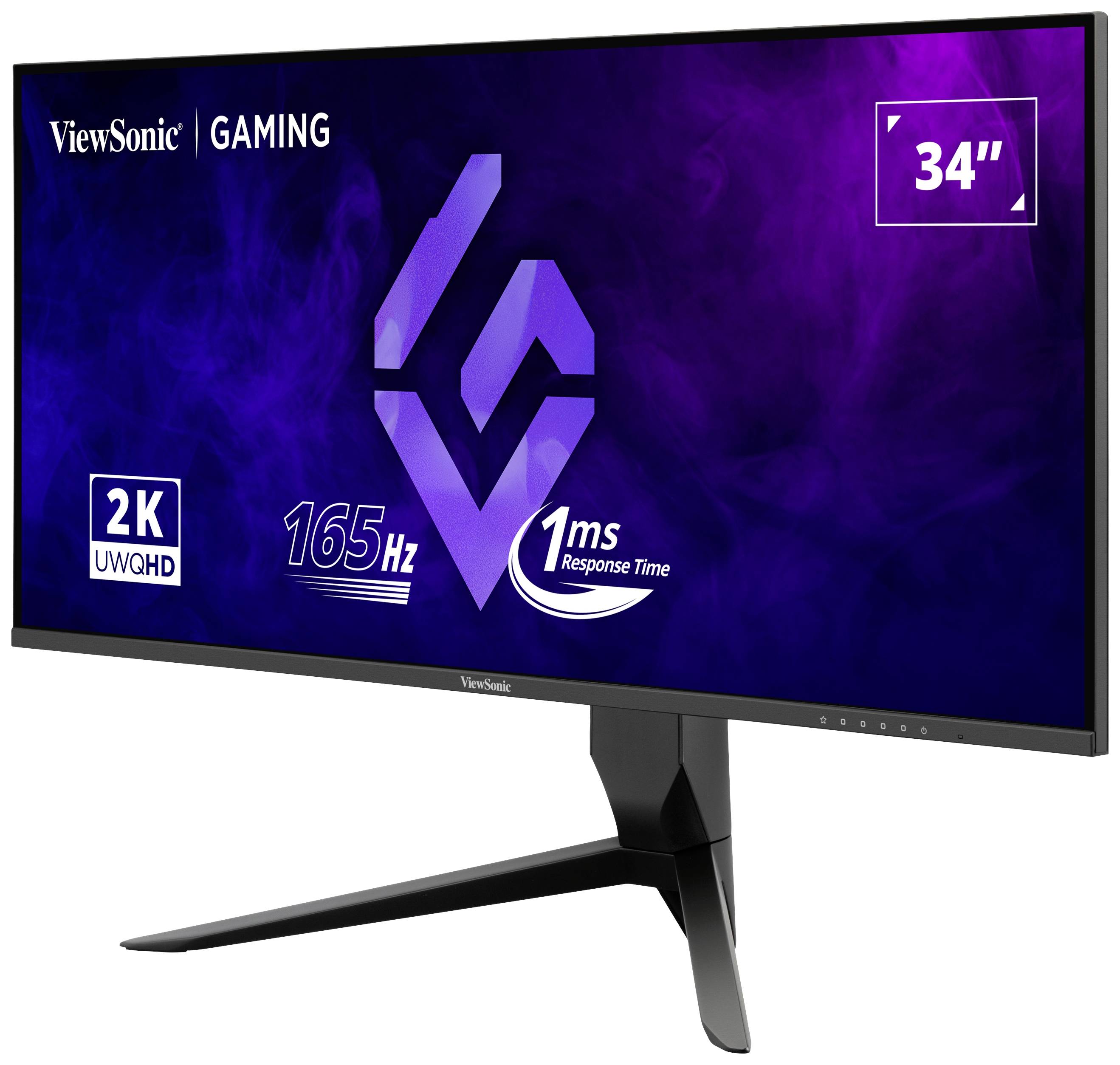 Un moniteur gaming ViewSonic de 34 pouces, résolution 2K UWQHD, taux de rafraîchissement de 165 Hz, temps de réponse de 1 ms.