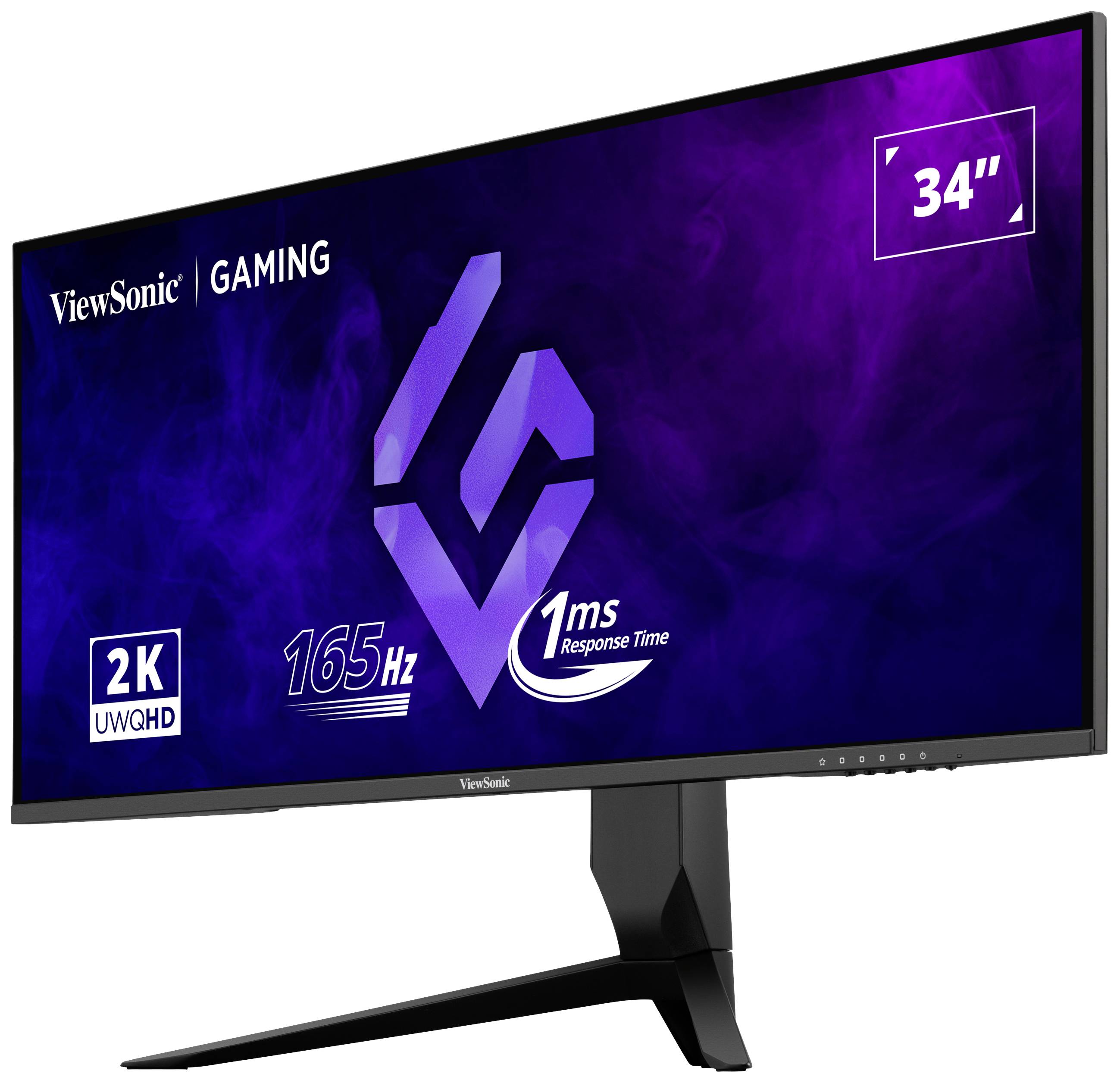Un moniteur gaming ViewSonic de 34 pouces avec résolution 2K, taux de rafraîchissement de 165 Hz et temps de réponse de 1 ms.