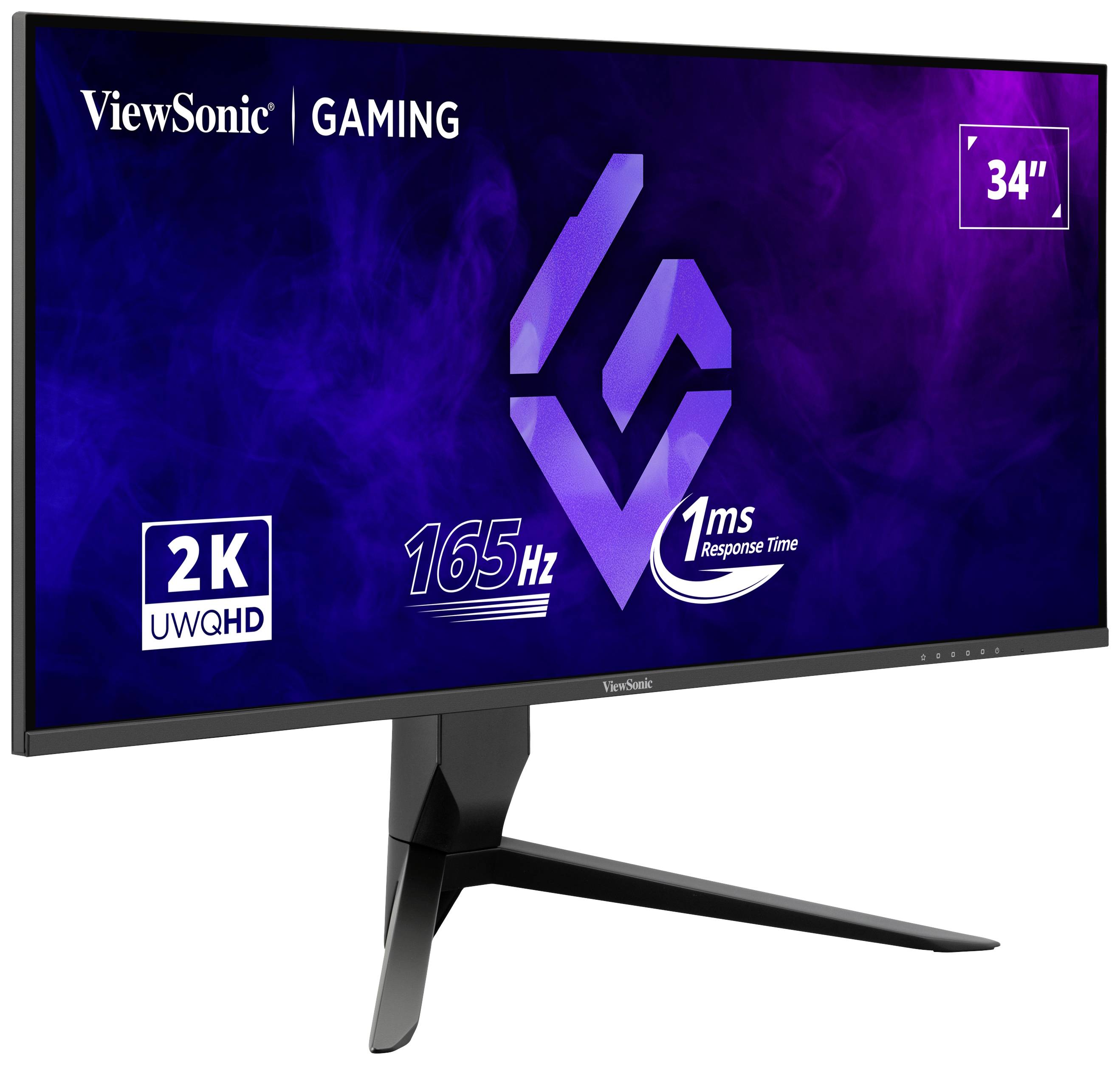 Un moniteur gaming de ViewSonic avec un écran de 34 pouces, résolution 2K UWQHD, taux de rafraîchissement de 165 Hz et temps de réponse de 1 ms.