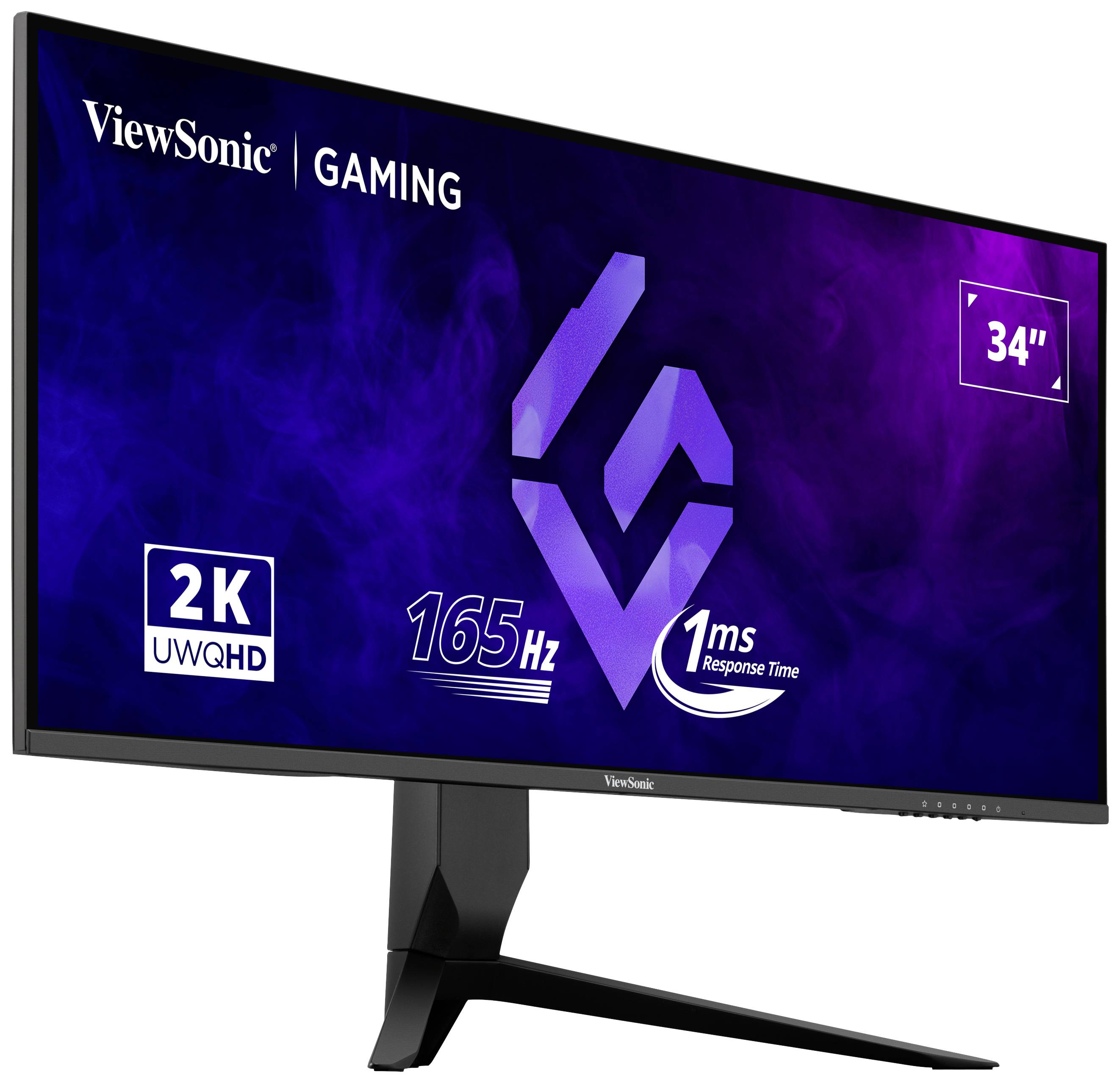 Moniteur de jeu ViewSonic de 34 pouces, résolution UWQHD 2K, taux de rafraîchissement de 165 Hz et temps de réponse de 1 ms.