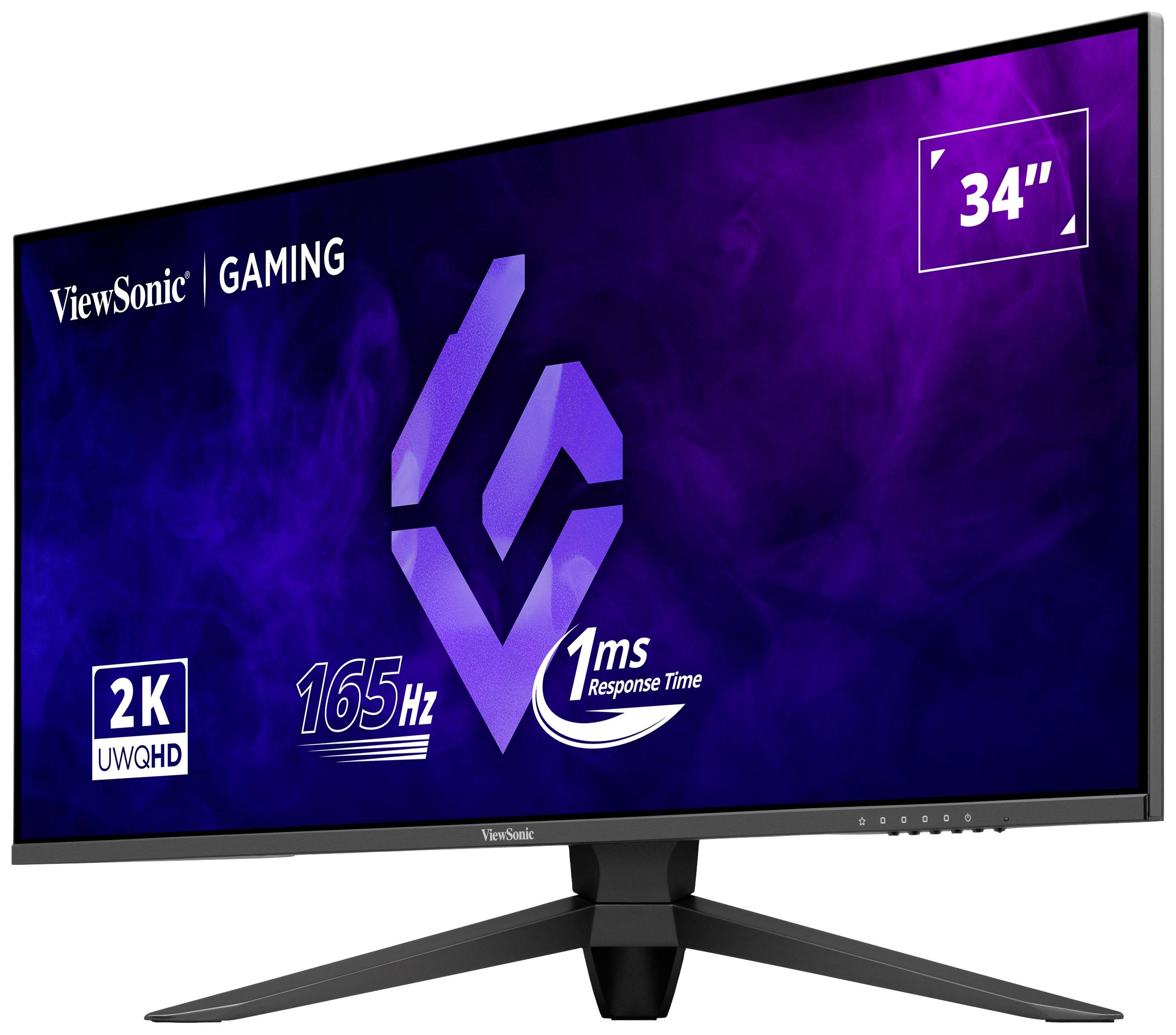 Un moniteur gaming ViewSonic de 34 pouces avec une résolution UWQHD 2K, un taux de rafraîchissement de 165 Hz et un temps de réponse de 1 ms.