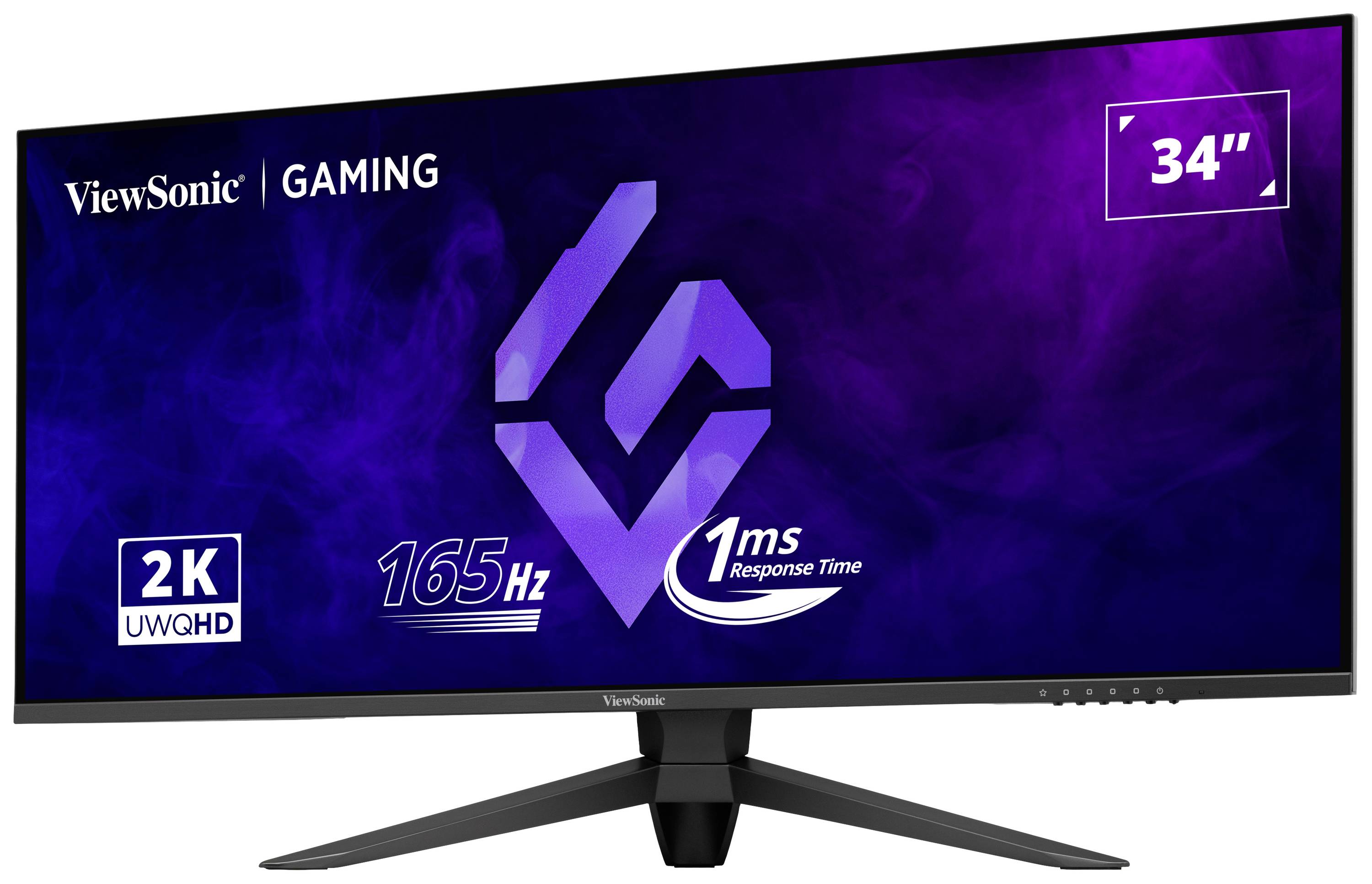 Moniteur de jeu large de ViewSonic de 34 pouces, affichant une résolution 2K, un taux de rafraîchissement de 165 Hz et un temps de réponse de 1 ms, idéal pour un gameplay fluide.