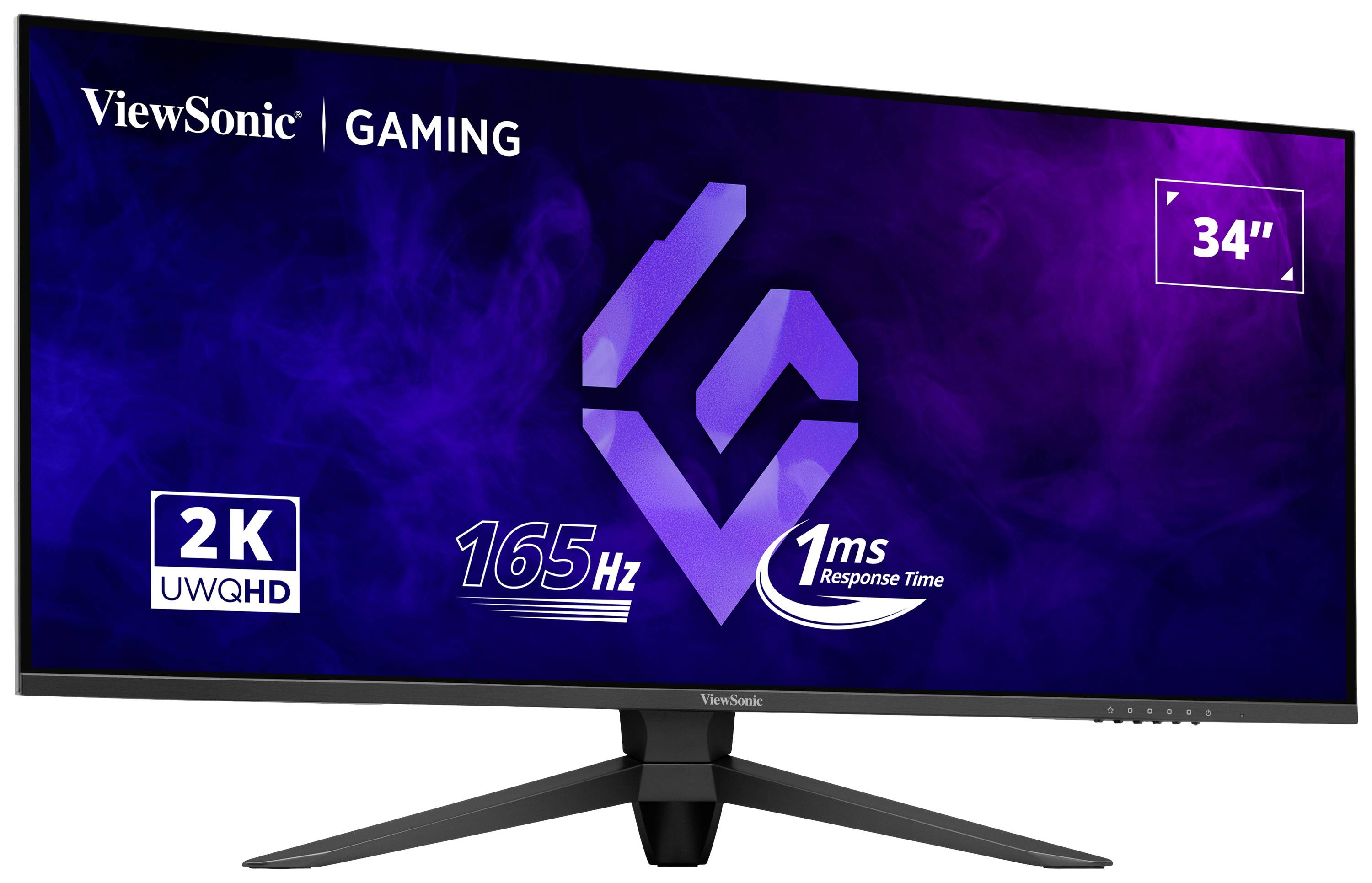 Moniteur de jeu large ViewSonic de 34 pouces, avec résolution UWQHD, taux de rafraîchissement de 165 Hz et temps de réponse de 1 ms.