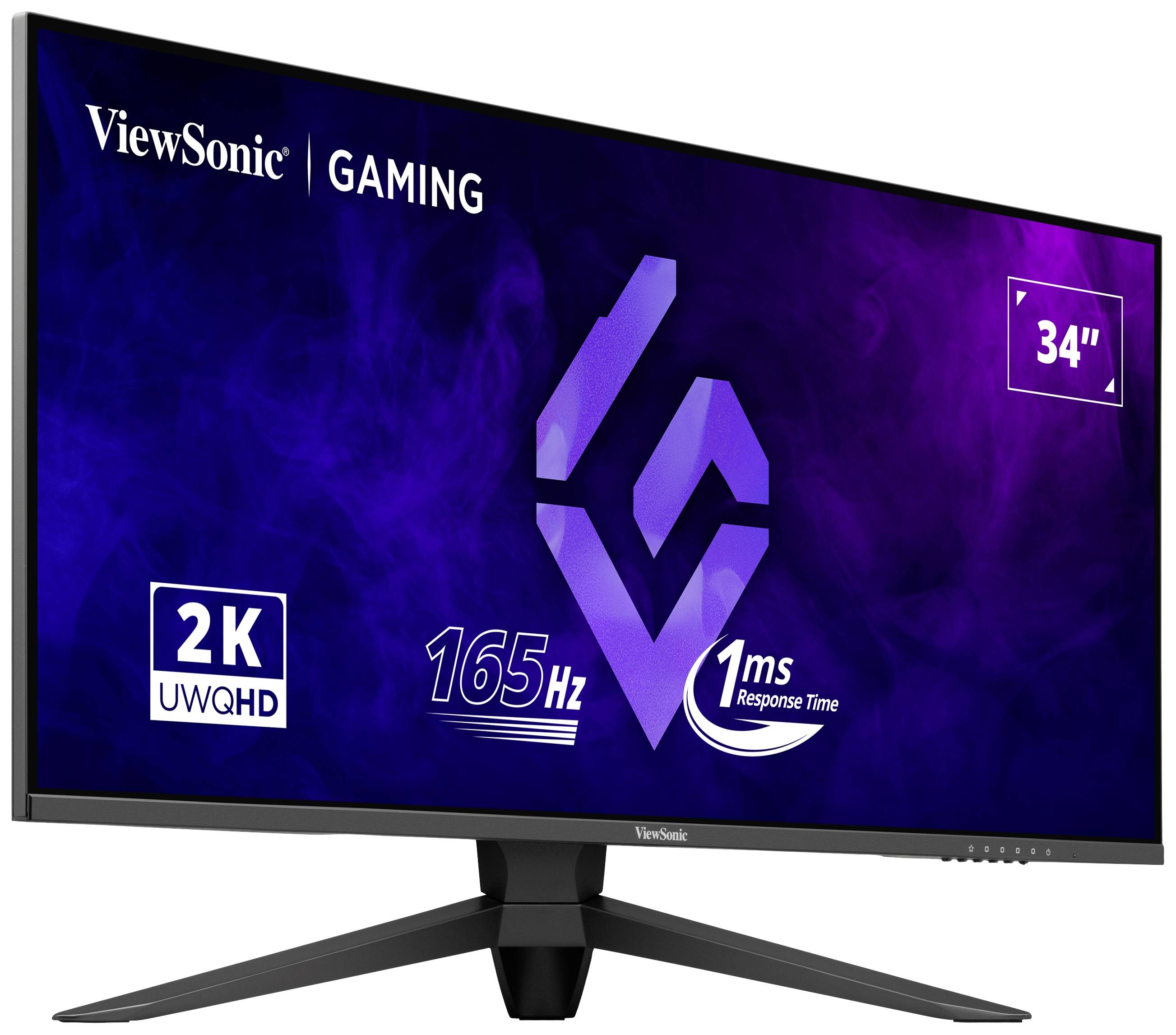 Moniteur de jeu ViewSonic de 34 pouces, résolution UWQHD 2K, taux de rafraîchissement de 165 Hz et temps de réponse de 1 ms.