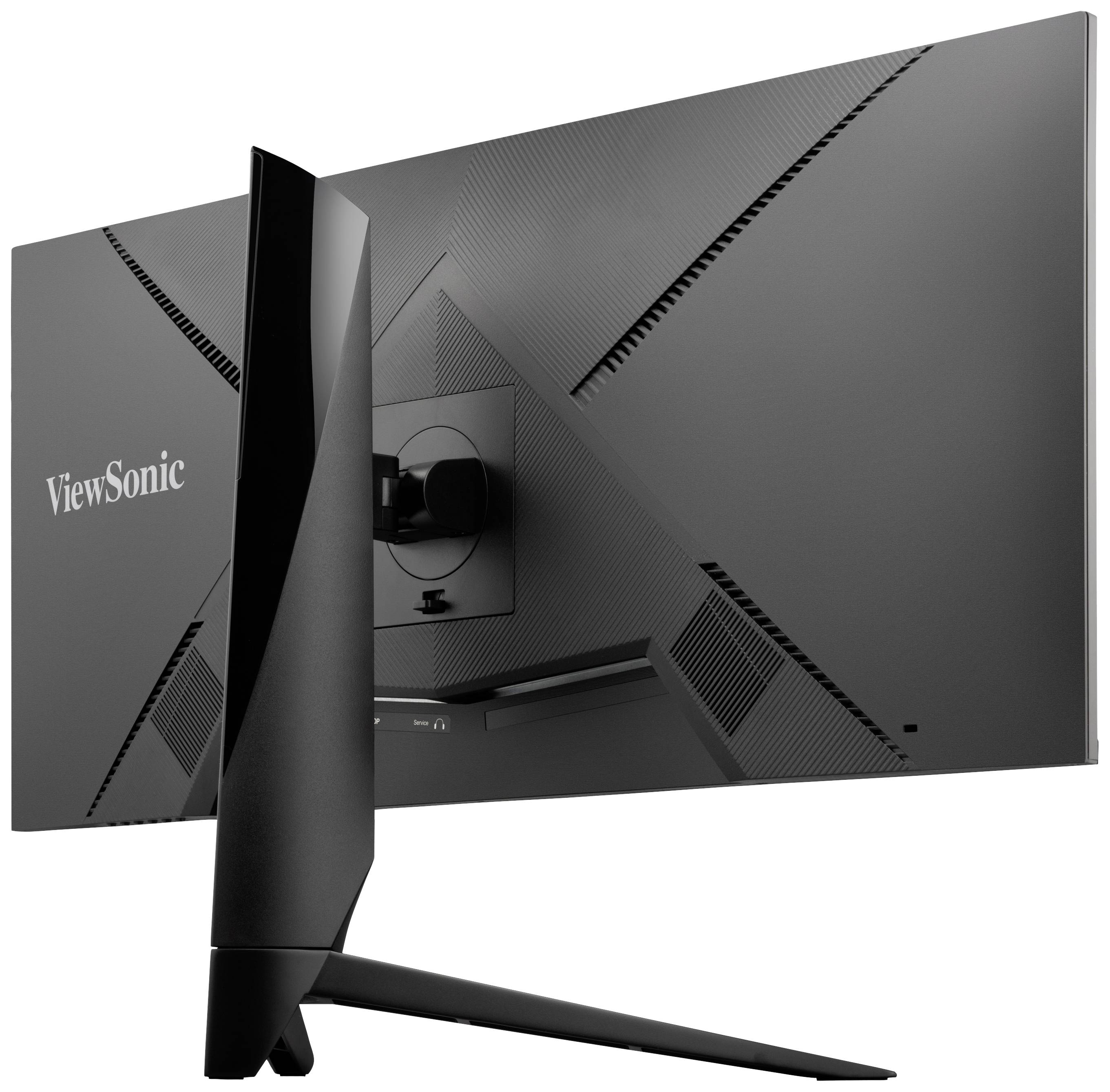 Vue arrière d'un moniteur d'ordinateur ViewSonic au design élégant et à la couleur noire, reposant sur un support étroit et incliné.