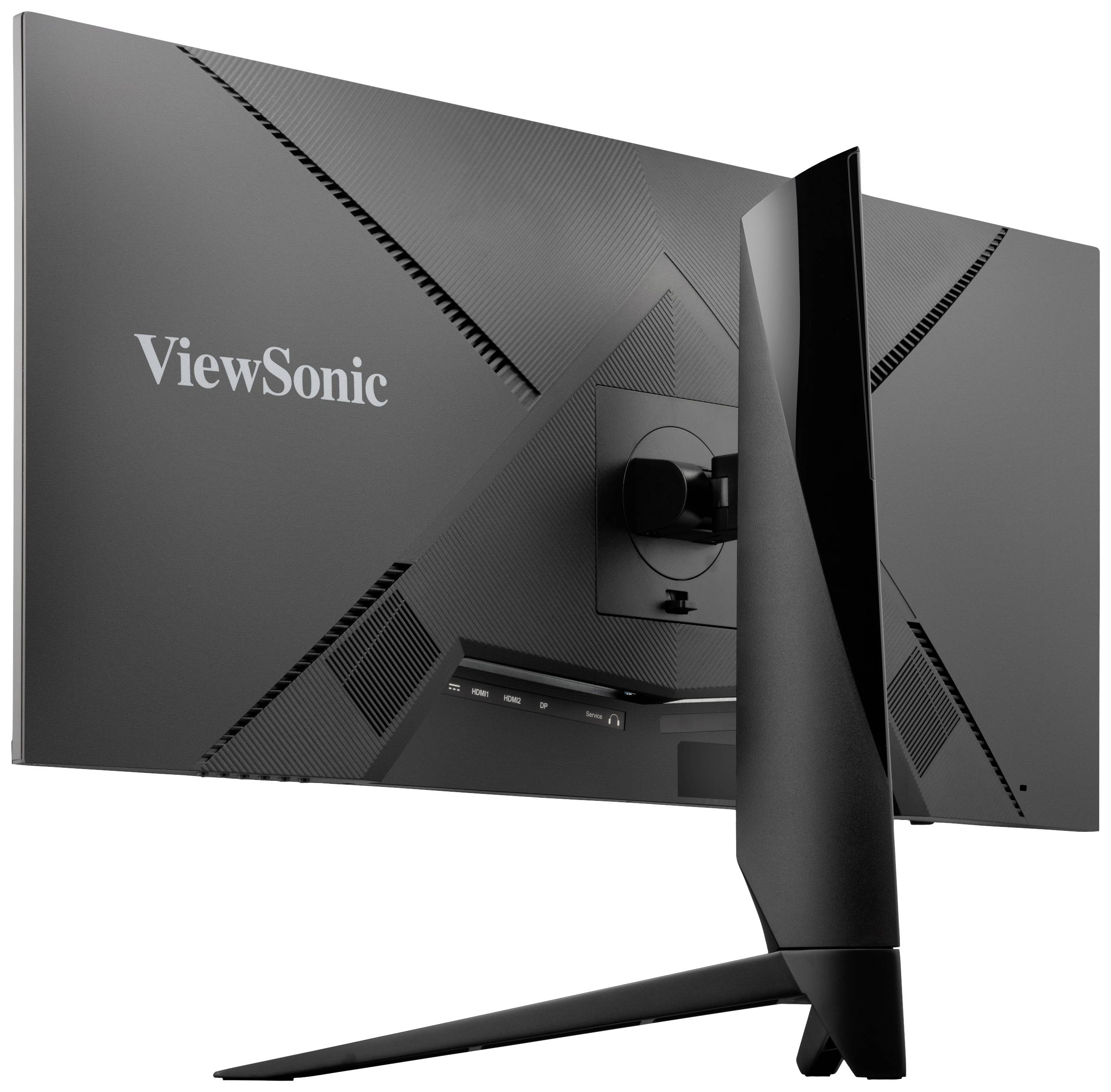 Vue arrière d'un moniteur ViewSonic noir, montrant le support de pied et les fentes de ventilation, avec le logo de la marque visible.