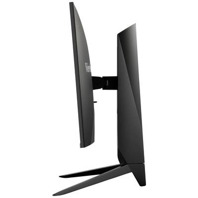 Un moniteur d'ordinateur noir et élancé vu de profil, révélant sa minceur et son support moderne.