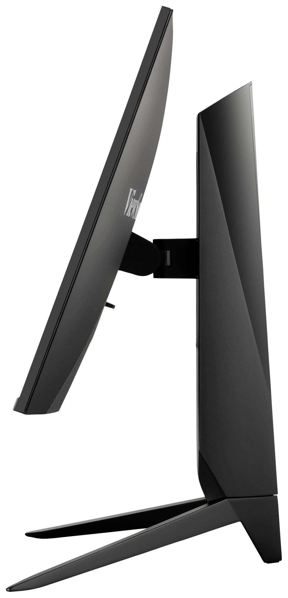 Un écran d'ordinateur fin, capté de côté, monté sur un support, avec un boîtier noir et un design moderne et minimaliste.