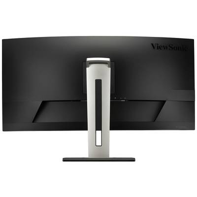 Vue arrière d'un moniteur noir ViewSonic avec un socle blanc de forme rectangulaire et élancée.