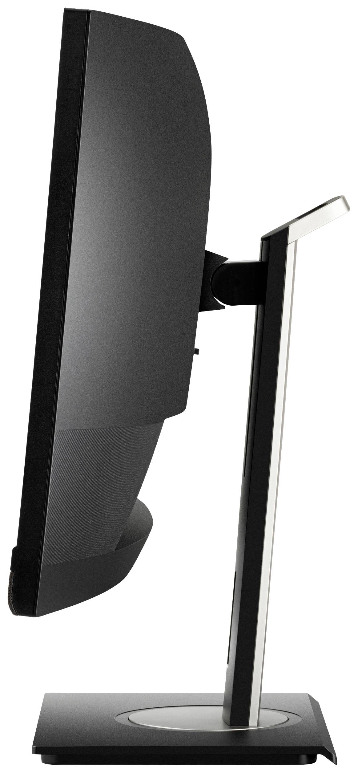 Vue latérale d'un écran d'ordinateur moderne au design élégant, posé sur un socle rectangulaire stable.