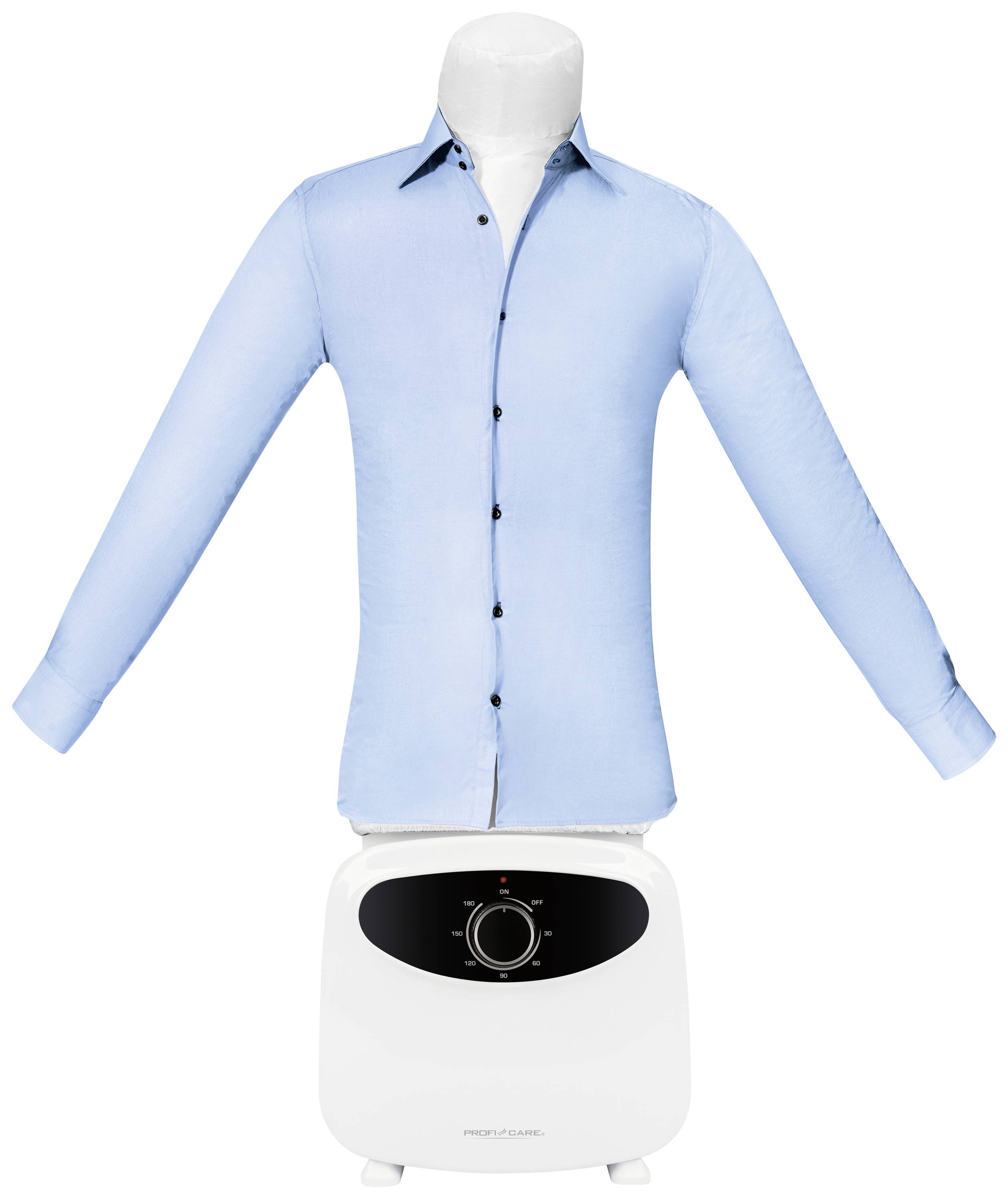 Une chemise bleu clair est tendue sur un repasseur automatique de chemises. L'appareil dispose d'un panneau de commande avec plusieurs réglages.