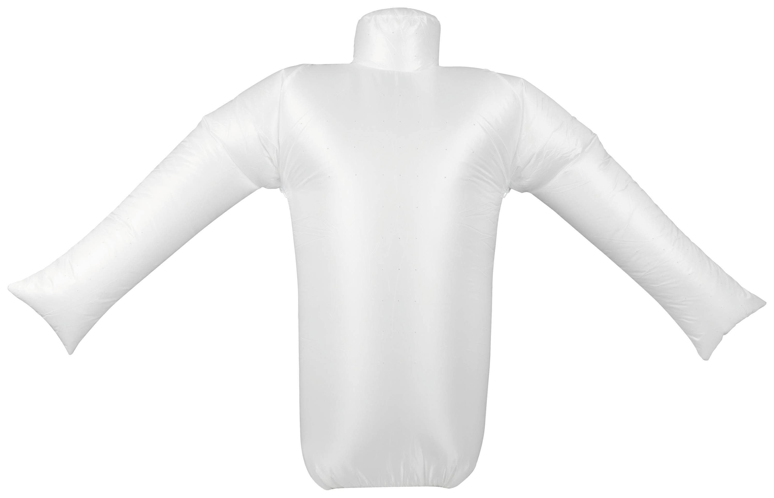 Forme en plastique blanc gonflée, ayant la silhouette d'un corps humain avec les bras levés, ressemblant à un mannequin de vitrine ou à un portant.