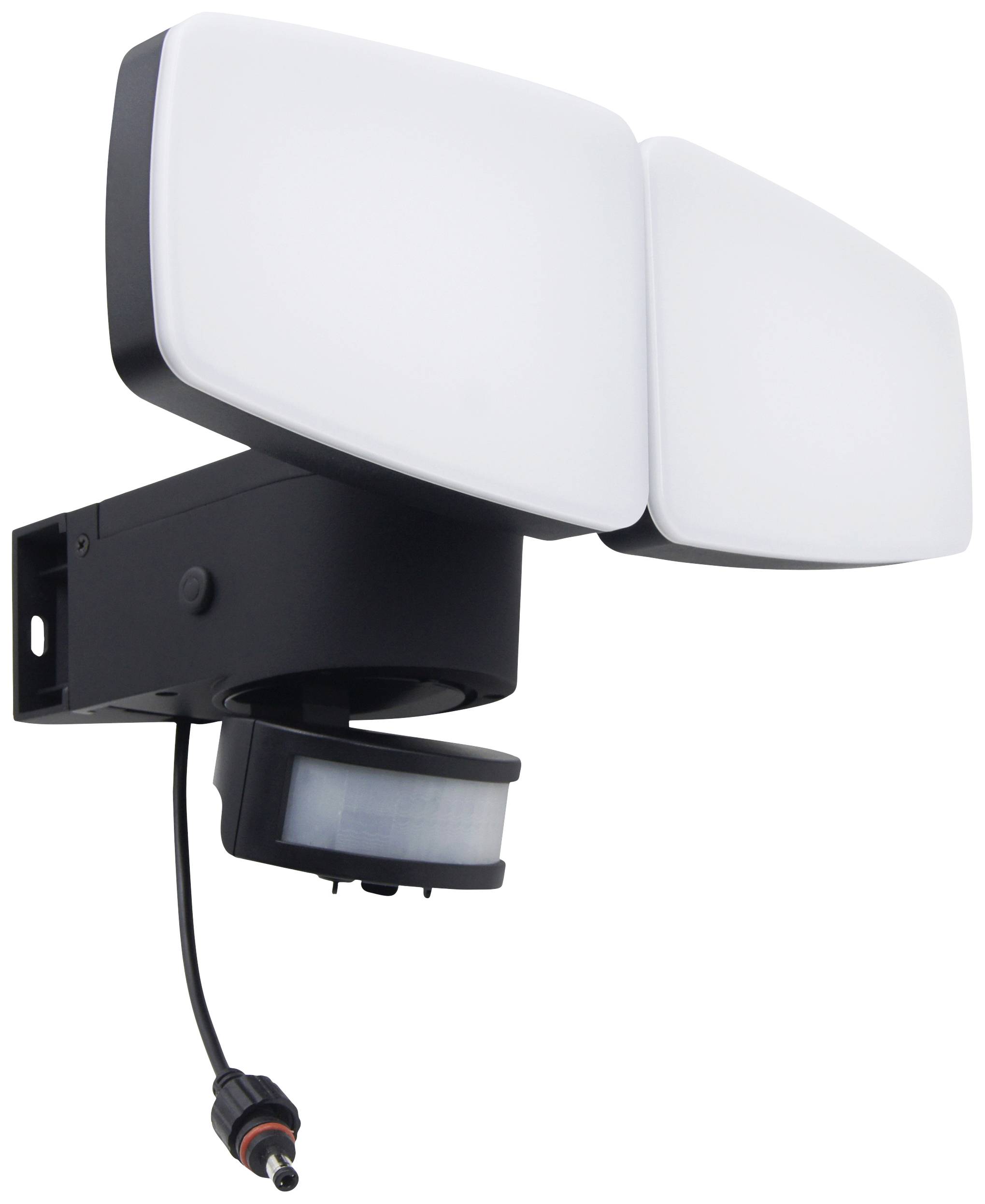 Un projecteur LED avec deux luminaires rectangulaires et un détecteur de mouvement en dessous, conçu pour l'éclairage extérieur et la sécurité.