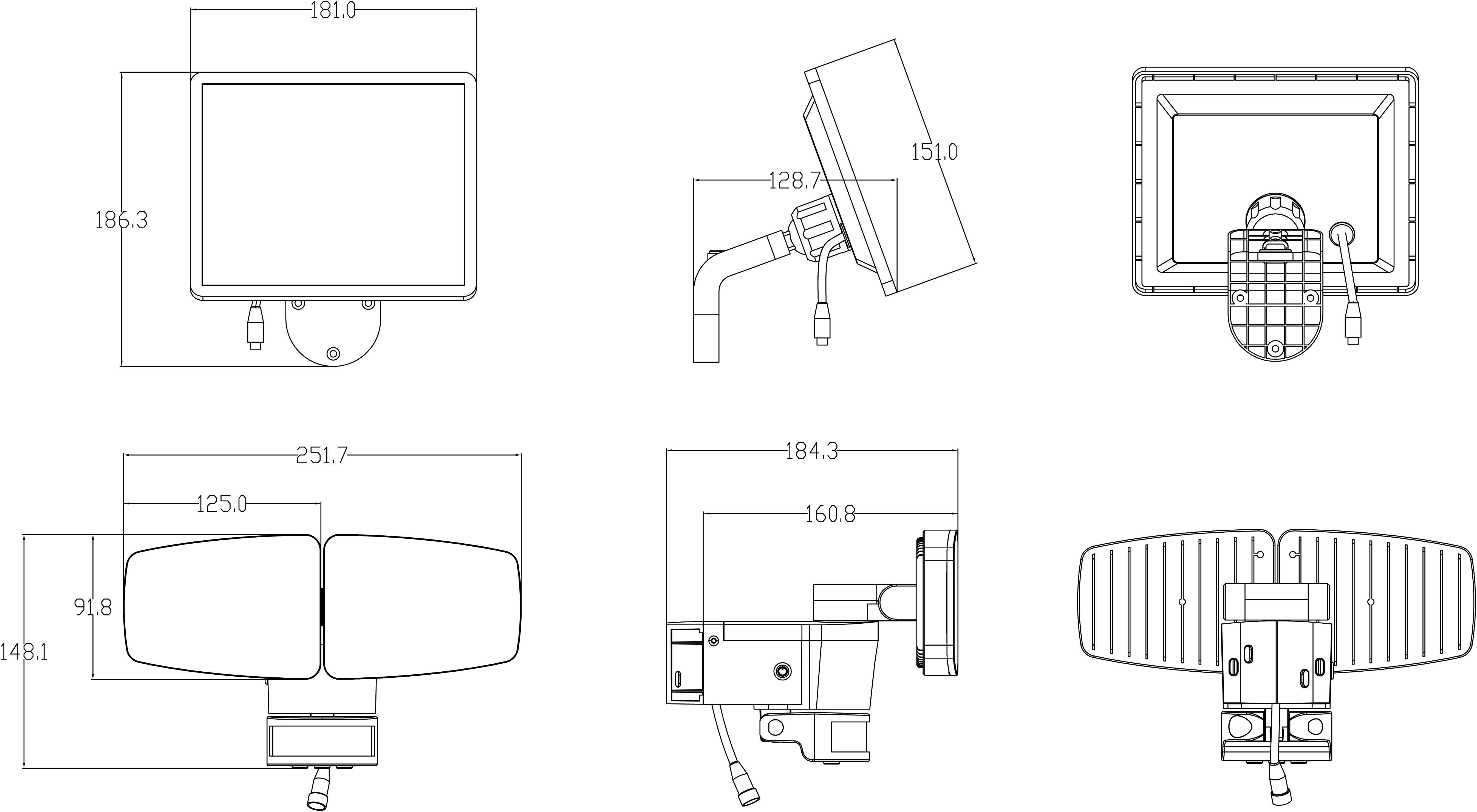 Dessin technique de plusieurs vues d'un projecteur LED avec des dimensions détaillées en millimètres.