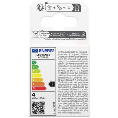 'Étiquette d'efficacité énergétique pour lampe LED. Classification F, 4 kWh/1000h. Instructions pour une élimination respectueuse de l'environnement.'