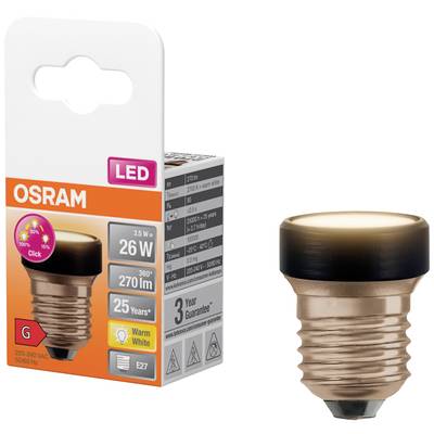 Lampe LED OSRAM, 3,5 W, culot E27, lumière blanc chaud, compatible 230-240 V. L'emballage présente les détails du produit et la garantie.