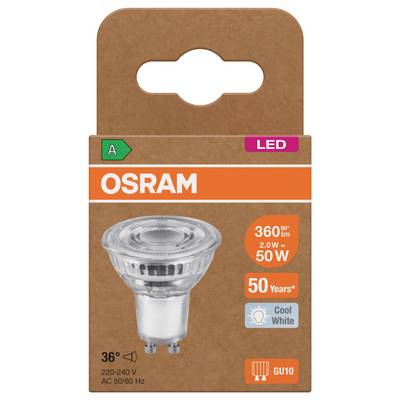 Emballage pour une ampoule projecteur LED OSRAM, présentant une base GU10, lumière blanc froid, 360 lm, 2,0 W, équivalent à 50 W, 50 ans, angle de faisceau 36°, 220-240 V.