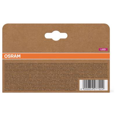 Avant du coffret de produit LED OSRAM, avec en-tête marron, panneau inférieur orange, texte produit multilingue dense, et code-barres en bas à droite.