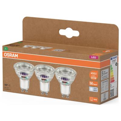 Ampoule LED OSRAM lot de 3 dans boîte de vente au détail marron, étiquetée 450 lm, équivalent 50 W, GU10, blanc froid.