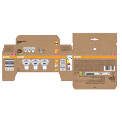Emballage de vente au détail d'ampoules LED OSRAM montré de face et de dos, avec trois ampoules spot illustrées et les détails du produit imprimés sur la boîte.
