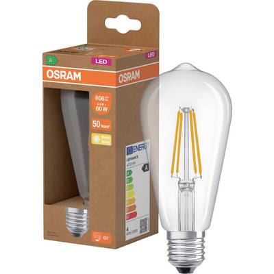 Ampoule LED OSRAM en emballage de détail, étiquetée « 806 lm », « 8,5 W », « 60 W », « Blanc chaud » et base « E27 ».