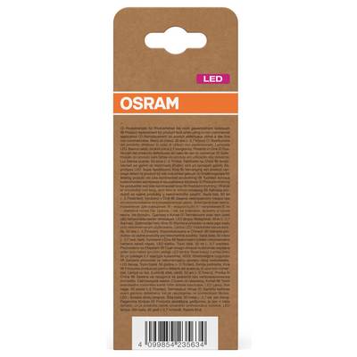 Emballage d'ampoule LED OSRAM sur carton brun, avec étiquette OSRAM orange et petits détails produit et code-barres.