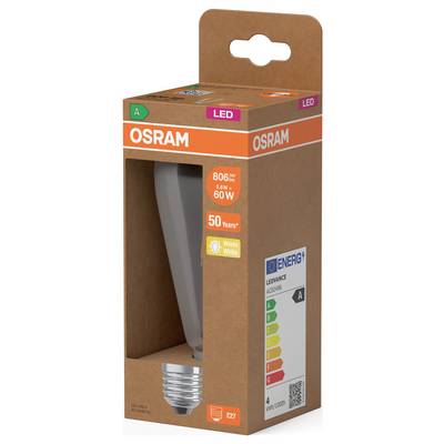 Ampoule LED OSRAM dans un emballage de vente au détail marron, affichant 806 lumens, 8,5W, équivalent 60W, blanc chaud, et une classification énergétique A.