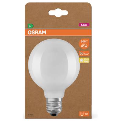 Emballage d'ampoule LED OSRAM présentant une ampoule E27 blanc chaud, 806 lm, 8,8 W, équivalent 60 W, durée de vie nominale 50 ans.