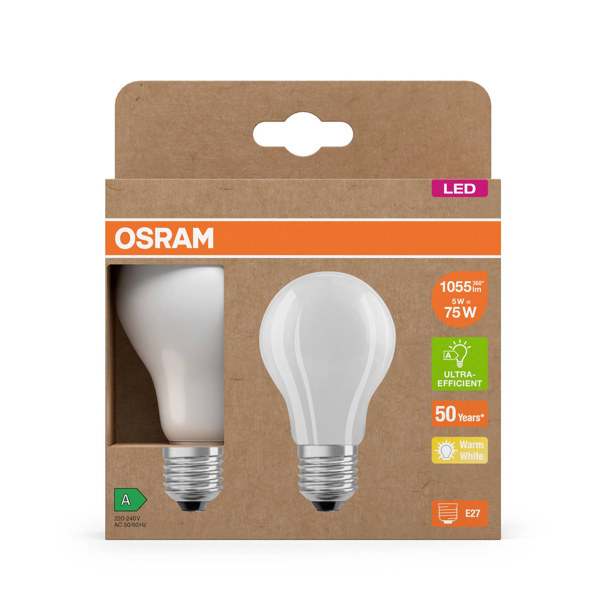 Ampoule LED Osram en emballage ; 1055 lumens, 75 W, blanc chaud, culot E27, durée de vie de 50 ans, classe d'efficacité énergétique A.